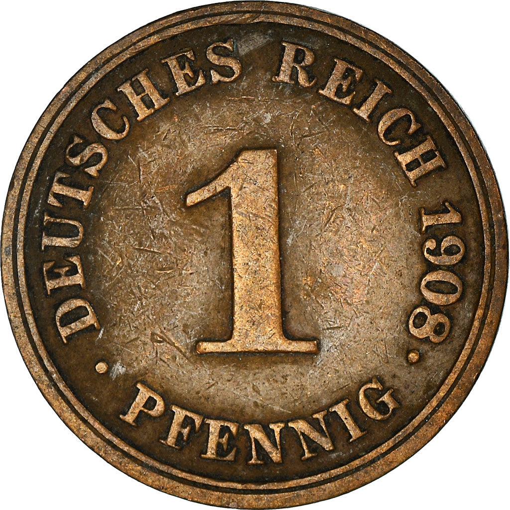 Coin, GERMANY - EMPIRE, Wilhelm II, Pfennig, 1908, Hamburg, VF(30-35), Copper
