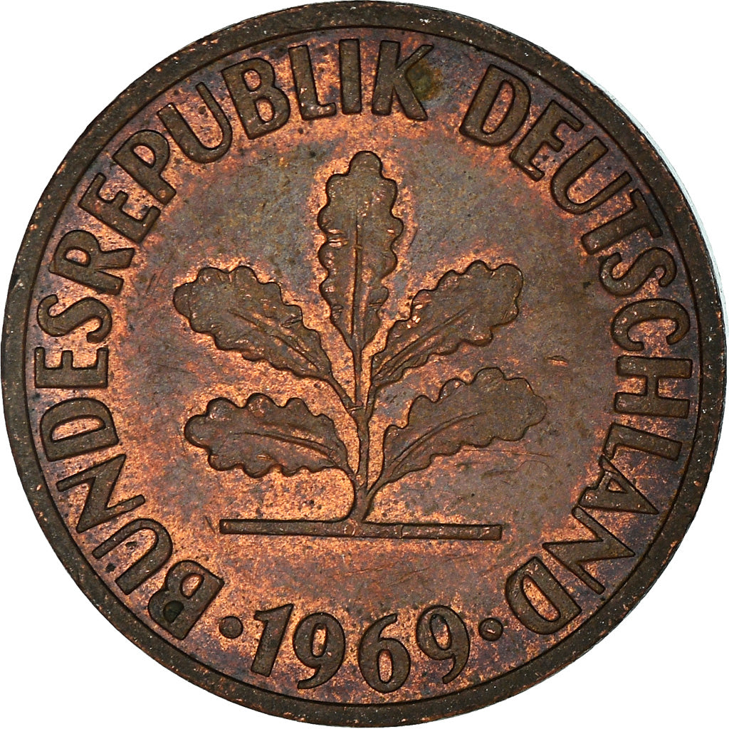 Coin, GERMANY - FEDERAL REPUBLIC, 2 Pfennig, 1969, Karlsruhe, AU(50-53), Copper