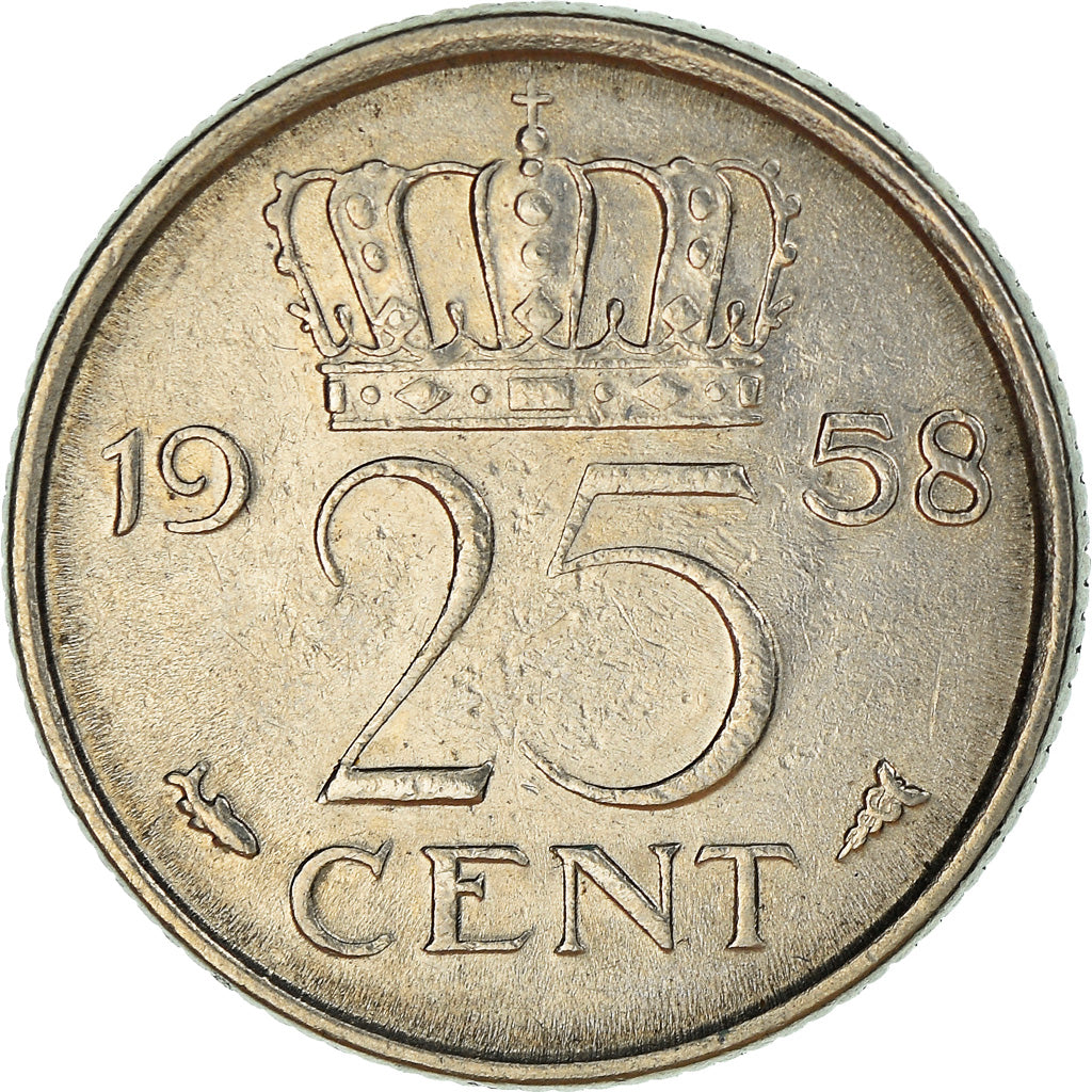 Coin, Netherlands, Juliana, 25 Cents, 1958, AU(50-53), Nickel, KM:183