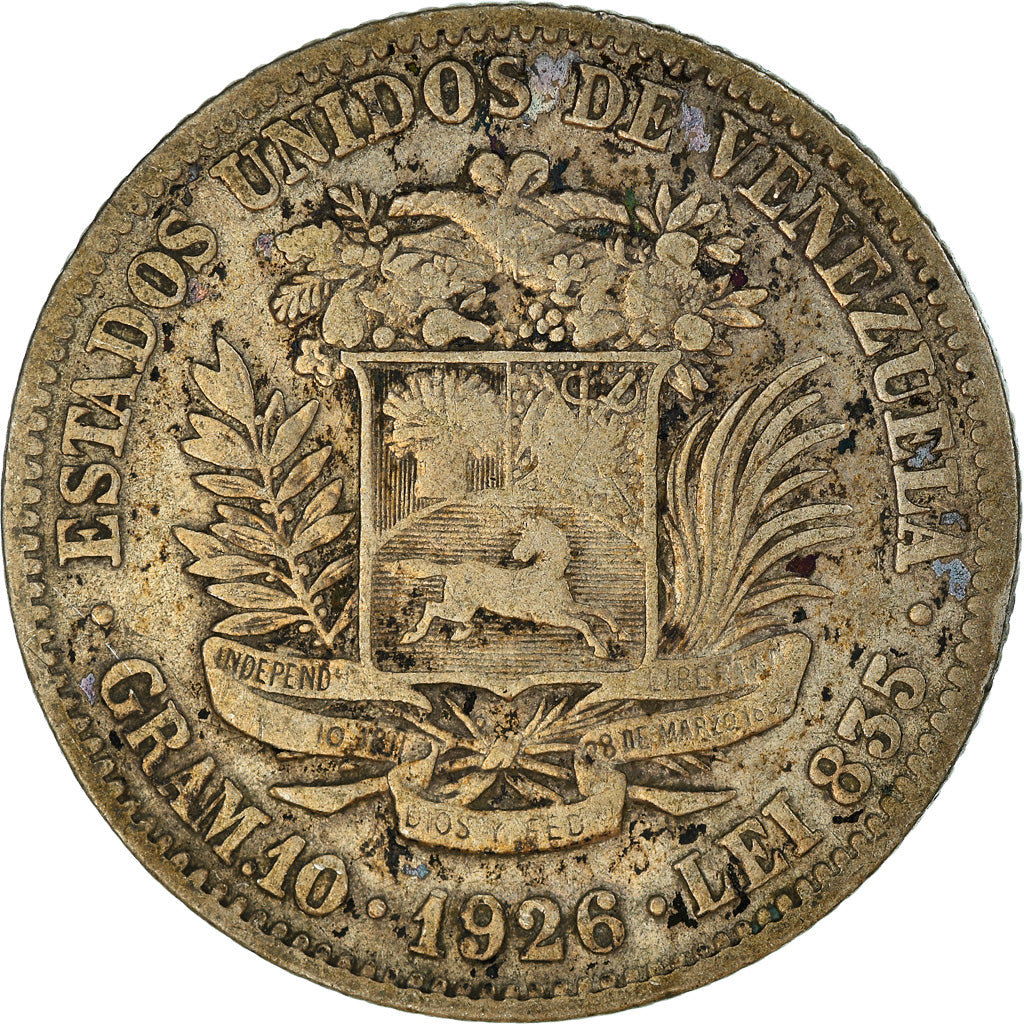 Monnaie, Venezuela, Gram 10, 2 Bolivares, 1926, TB+, Argent, KM:23