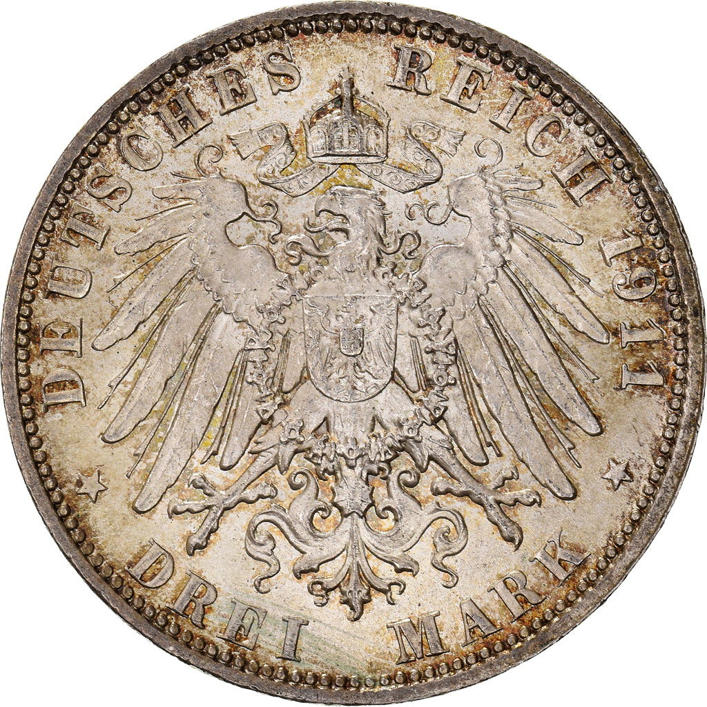 Coin, German States, BAVARIA, Otto, 3 Mark, 1911, Munich, MS(60-62), Silver