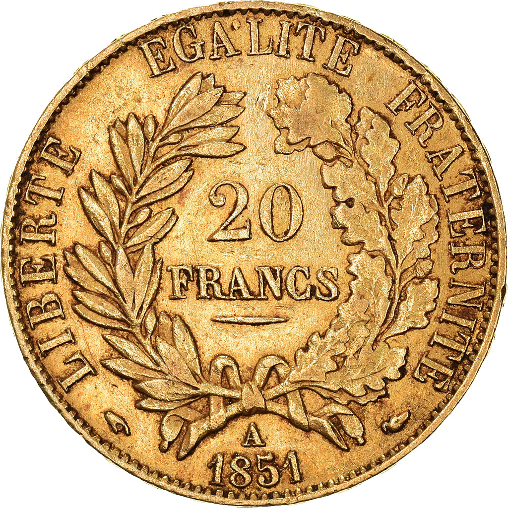 Munten, Frankrijk, Cérès, 20 Francs, 1851, Paris, ZF, Goud, KM:762