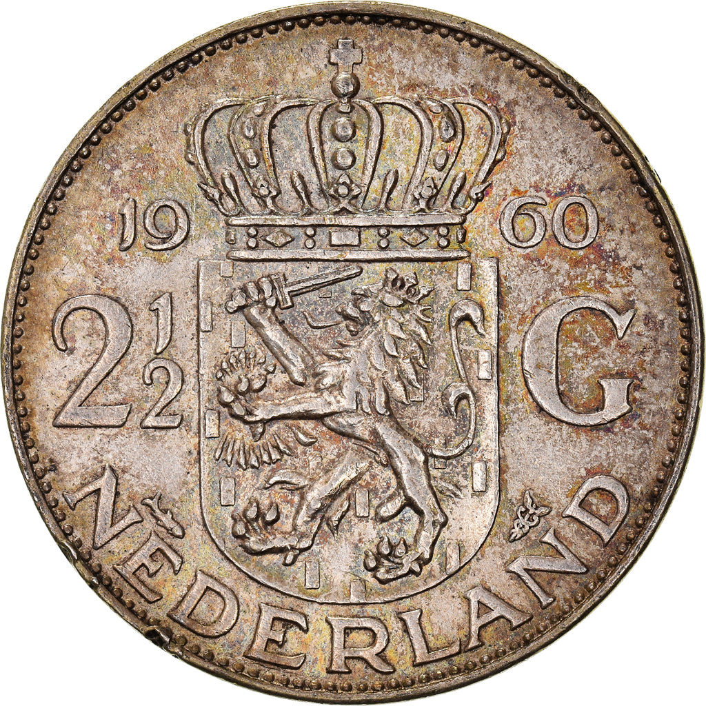 Coin, Netherlands, Juliana, 2-1/2 Gulden, 1960, AU(50-53), Silver, KM:185