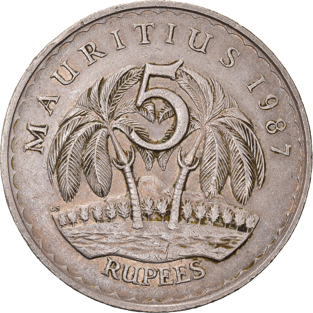 Coin, Mauritius, 5 Rupees, 1987, VF(30-35), Copper-nickel, KM:56