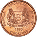 Coin, Singapore, Cent, 1995, Singapore Mint, AU(50-53), Copper Plated Zinc