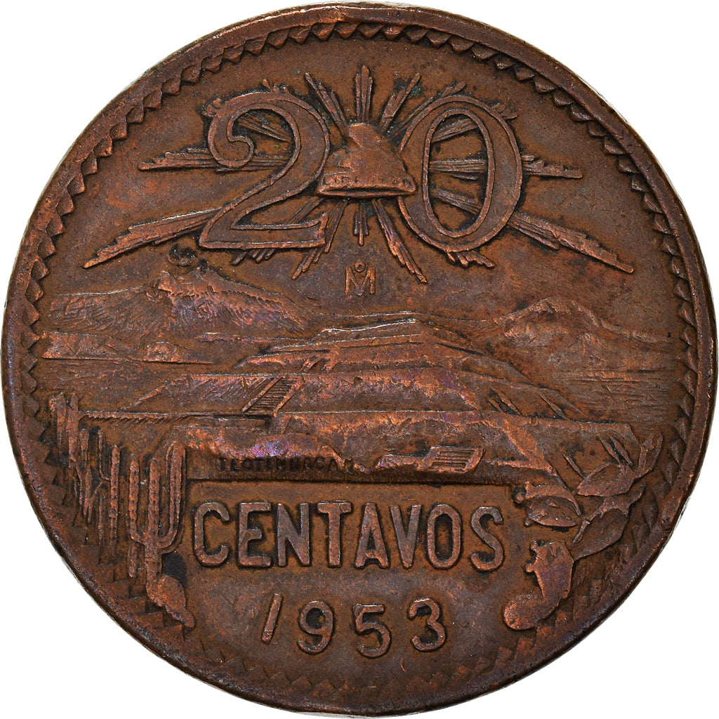 Coin, Mexico, 20 Centavos, 1953, Mexico City, VF(30-35), Bronze, KM:439