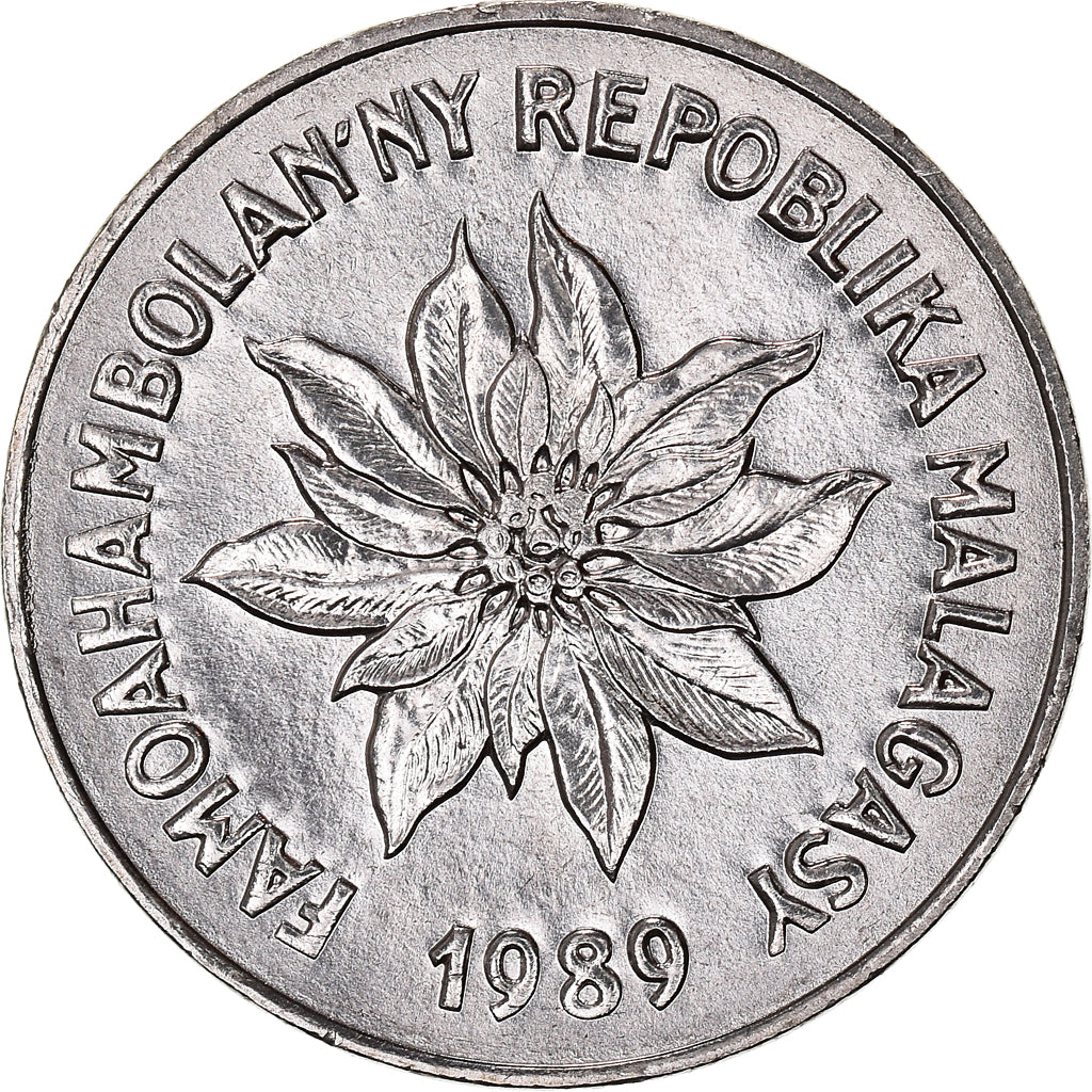 Coin, Madagascar, 5 Francs, Ariary, 1989, Paris, MS(63), Stainless Steel, KM:10