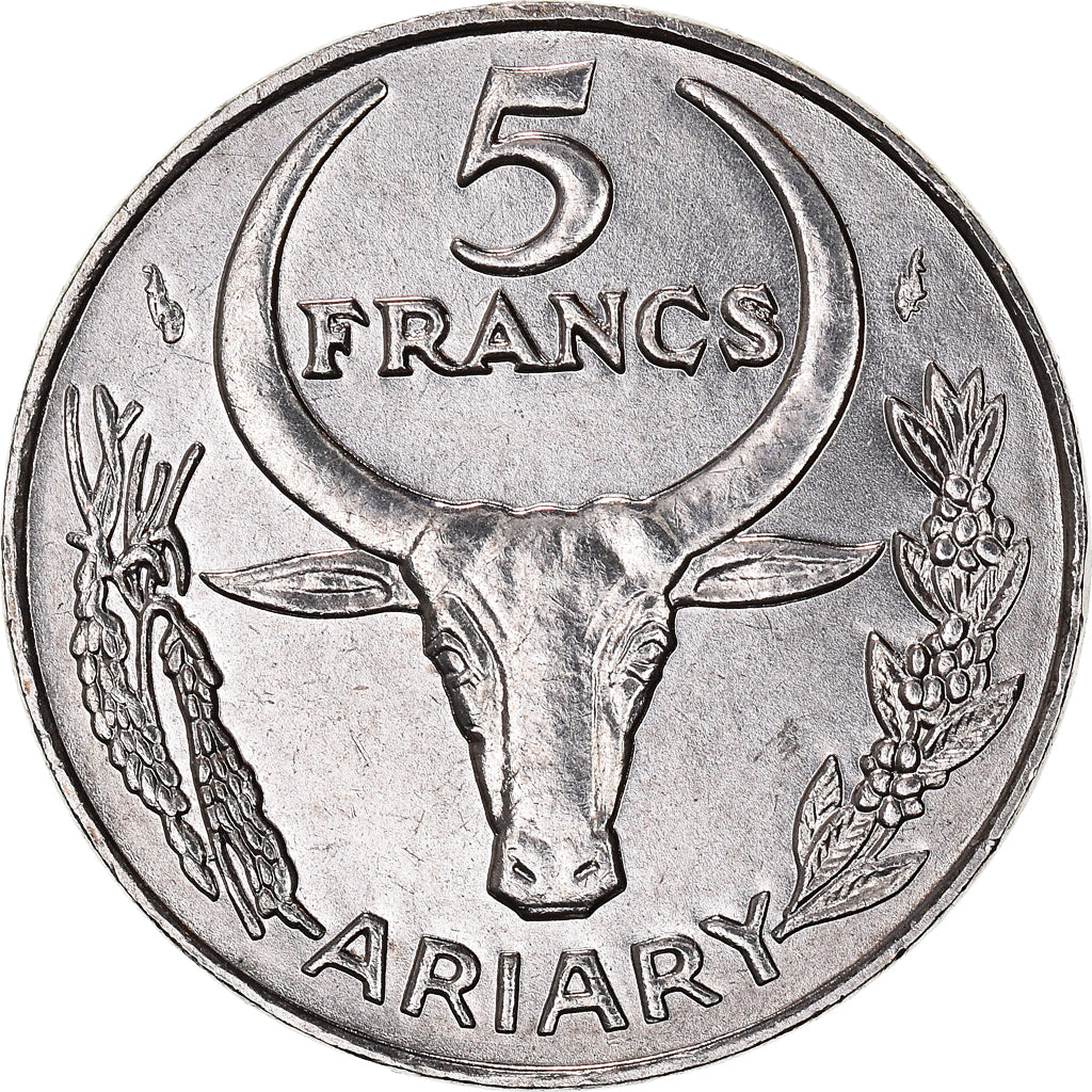 Coin, Madagascar, 5 Francs, Ariary, 1989, Paris, MS(63), Stainless Steel, KM:10