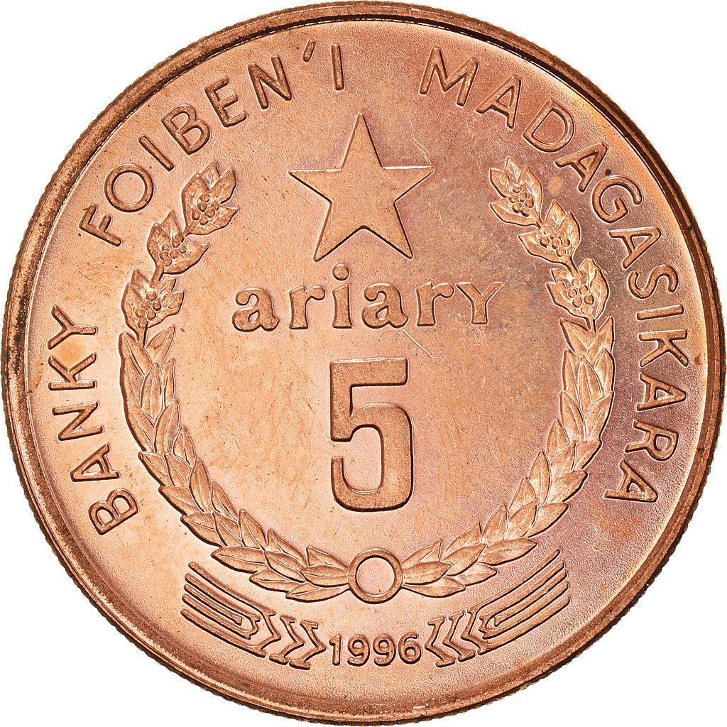 Moneta, Madagascar, 5 Ariary, 1996, SPL, Acciaio placcato rame, KM:23