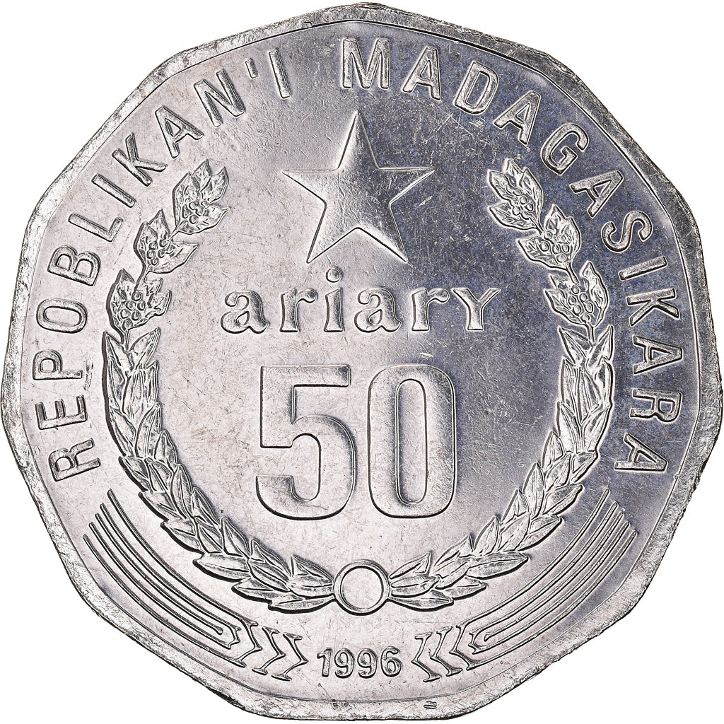 Moeda, Madagáscar, 50 Ariary, 1996, AU(55-58), Aço Inoxidável, KM:25.1