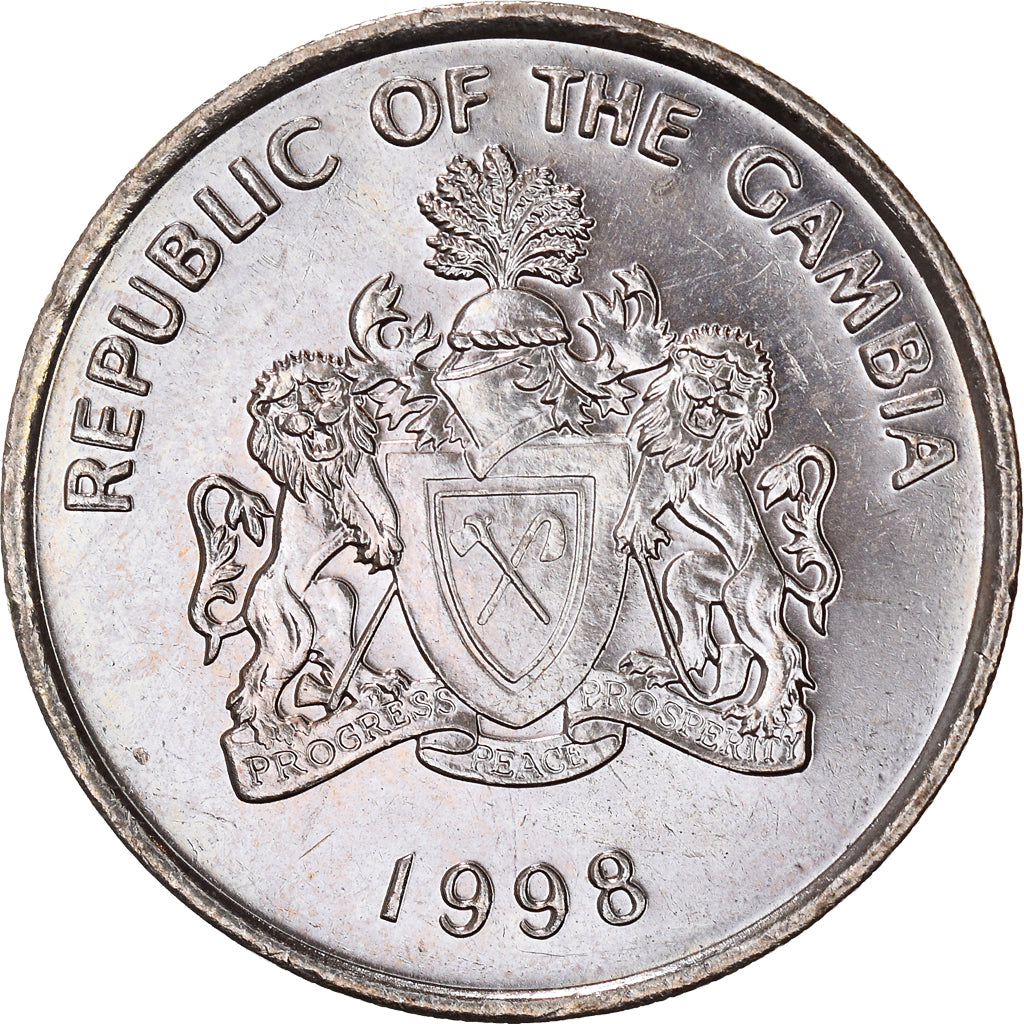 Moeda, GÂMBIA, 50 Bututs, 1998, AU(55-58), Aço Niquelado, KM:58