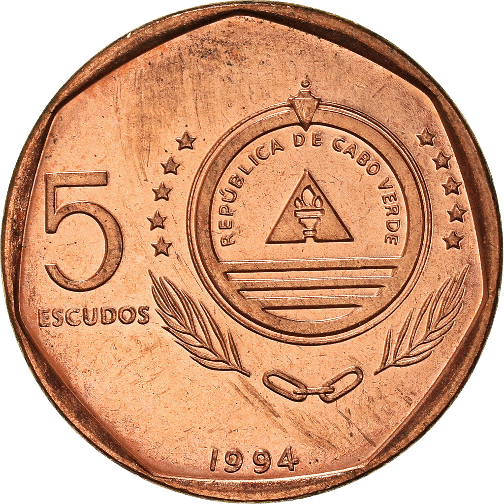 Coin, Cape Verde, 5 Escudos, 1994, MS(60-62), Copper Plated Steel, KM:36