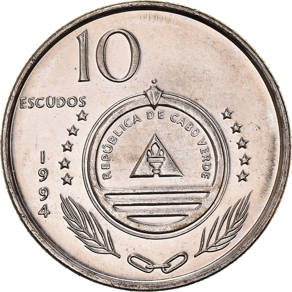 Coin, Cape Verde, 10 Escudos, 1994, AU(55-58), Nickel plated steel, KM:29