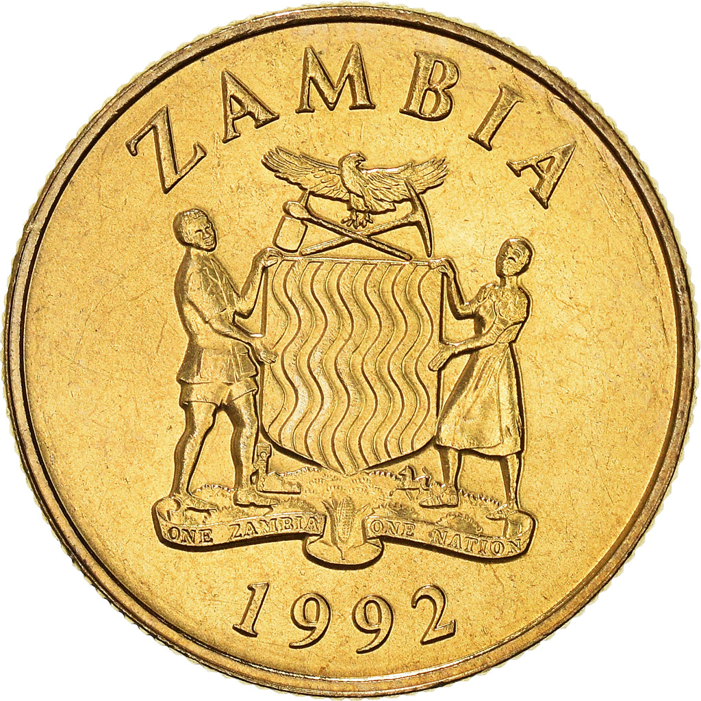 Coin, Zambia, 5 Kwacha, 1992, British Royal Mint, AU(55-58), Brass, KM:31