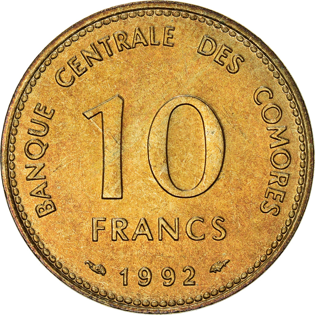 Coin, Comoros, 10 Francs, 1992, Paris, AU(55-58), Aluminum-Bronze, KM:17