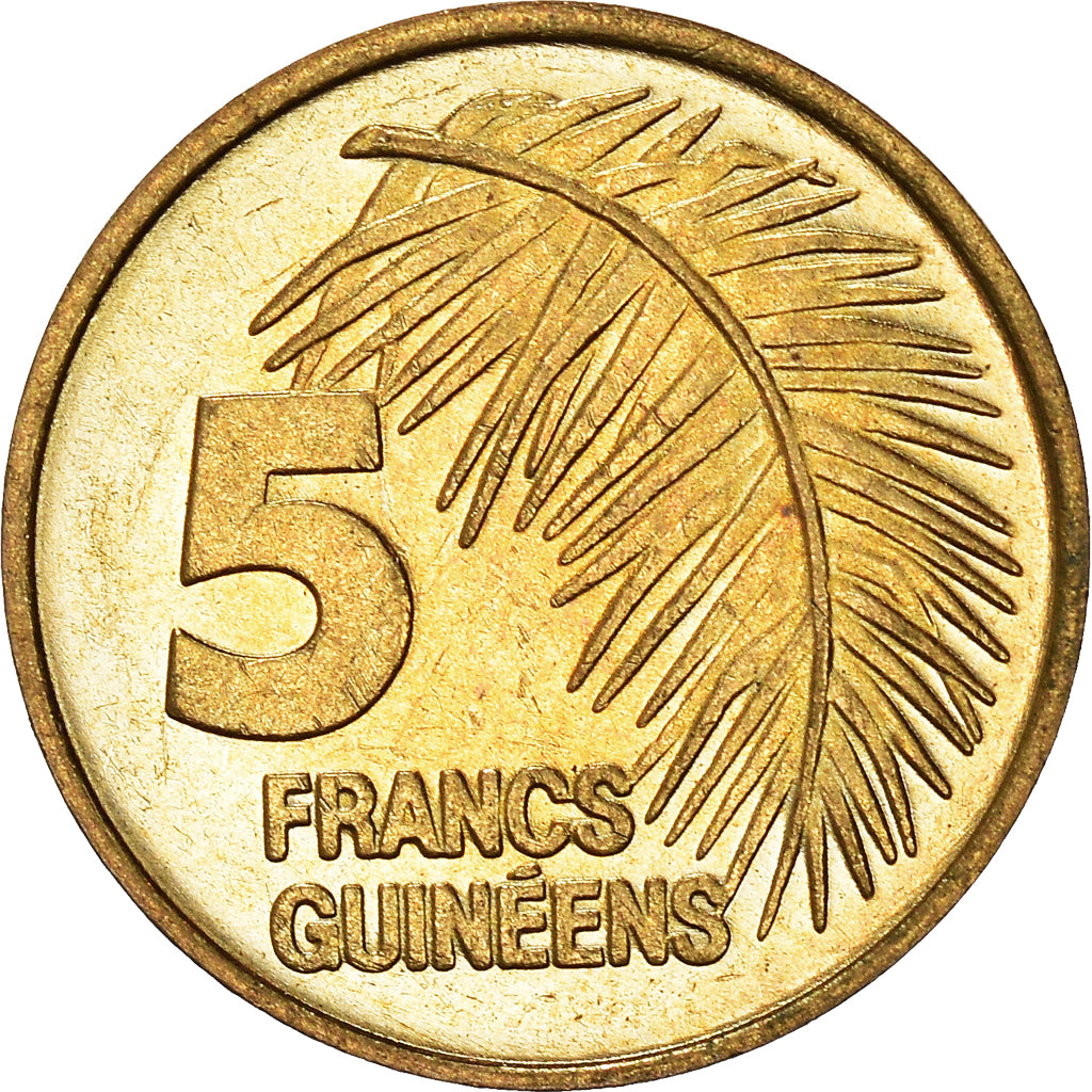 Coin, Guinea, 5 Francs, 1985, AU(55-58), Brass Clad Steel, KM:53