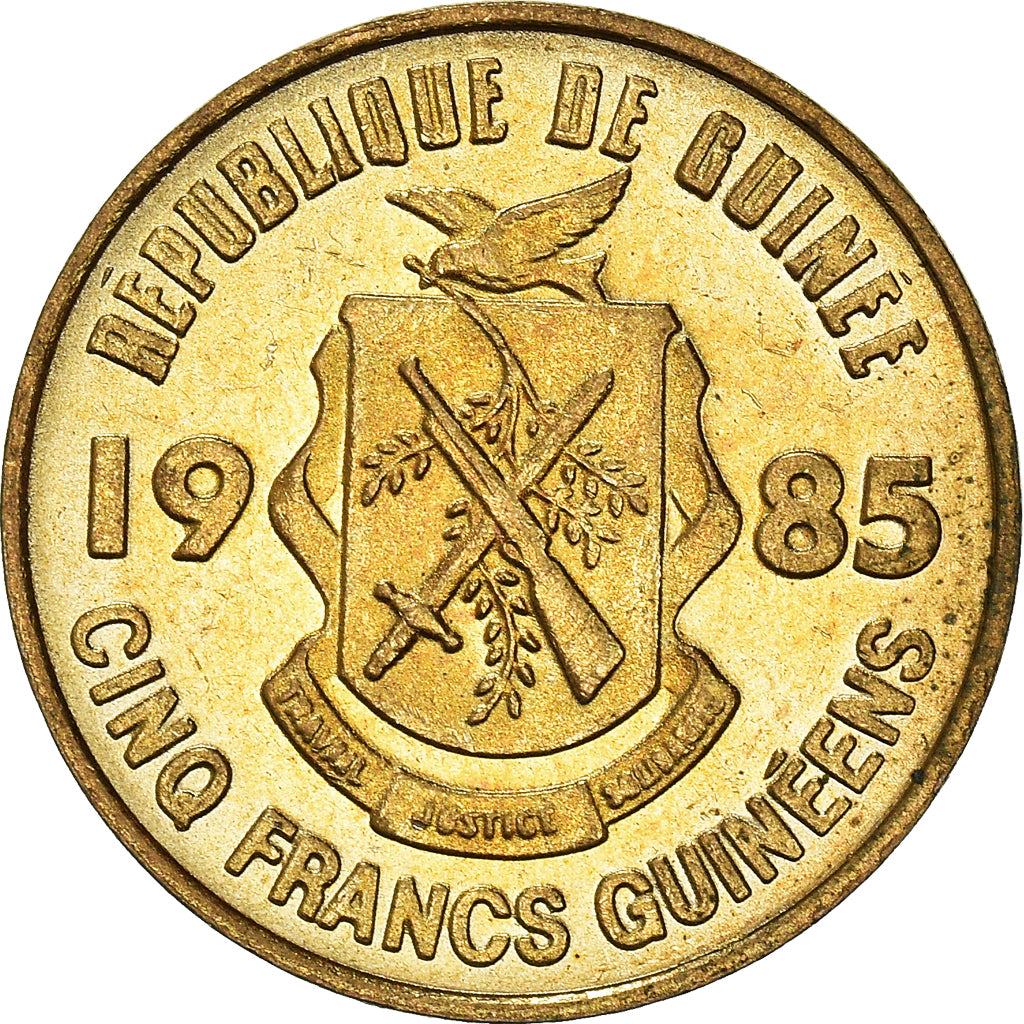 Coin, Guinea, 5 Francs, 1985, AU(55-58), Brass Clad Steel, KM:53