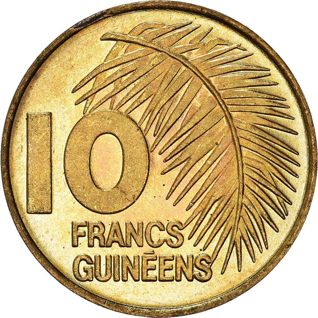 Münze, Guinea, 10 Francs, 1985, VZ, Brass Clad Steel, KM:52