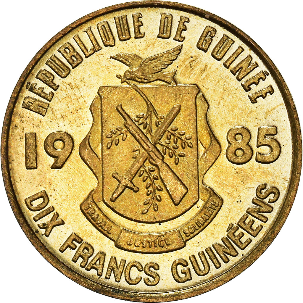 Münze, Guinea, 10 Francs, 1985, VZ, Brass Clad Steel, KM:52