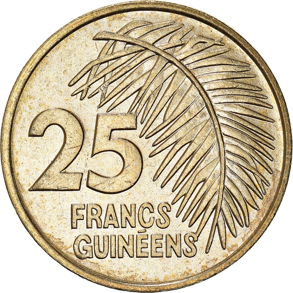 Coin, Guinea, 25 Francs, 1987, AU(55-58), Brass, KM:60