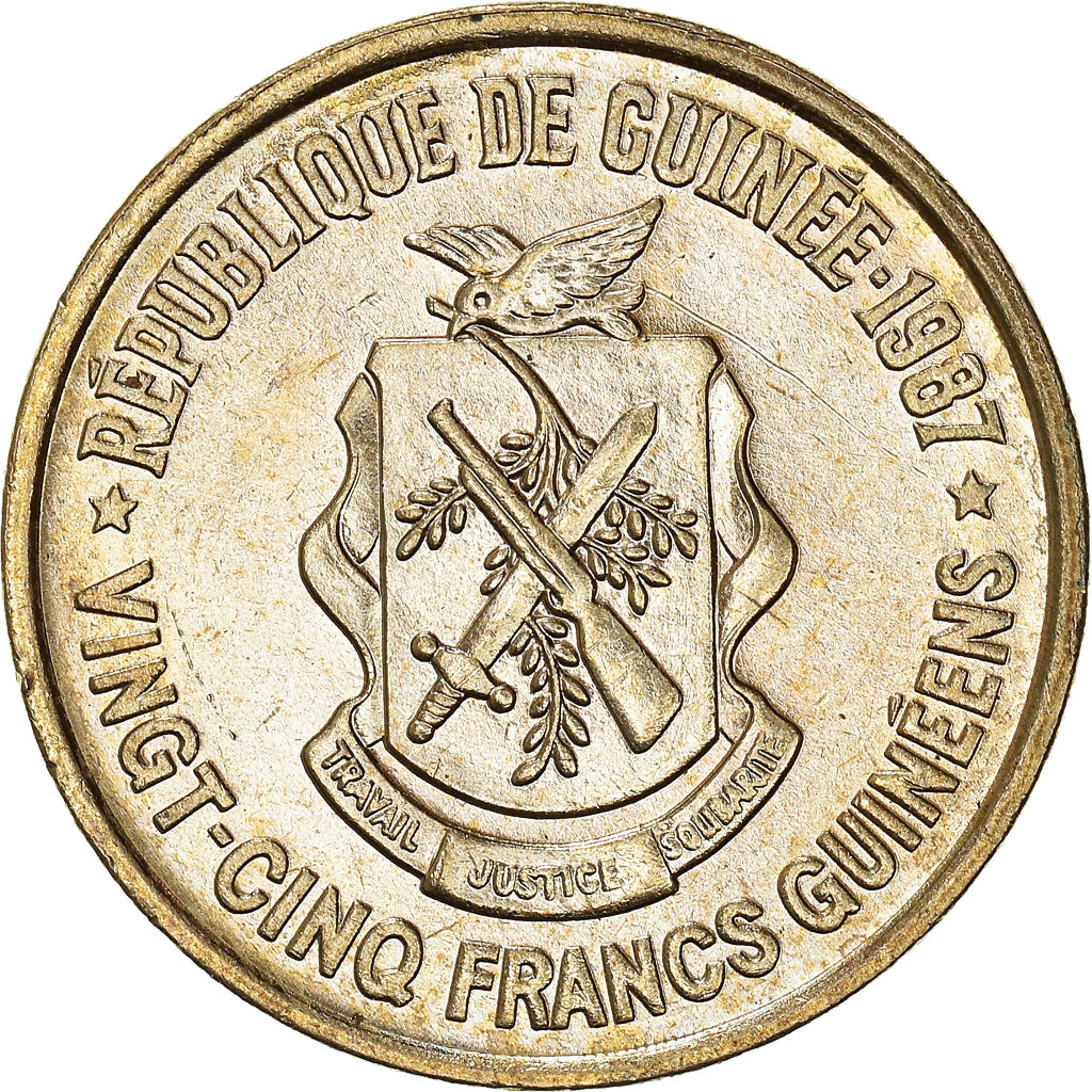 Coin, Guinea, 25 Francs, 1987, AU(55-58), Brass, KM:60