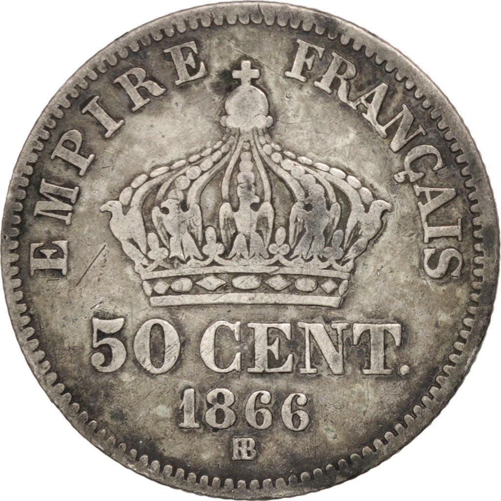 FRANCE, Napoléon III, 50 Centimes, 1866, Strasbourg, KM #814.2, VF(20-25), S...