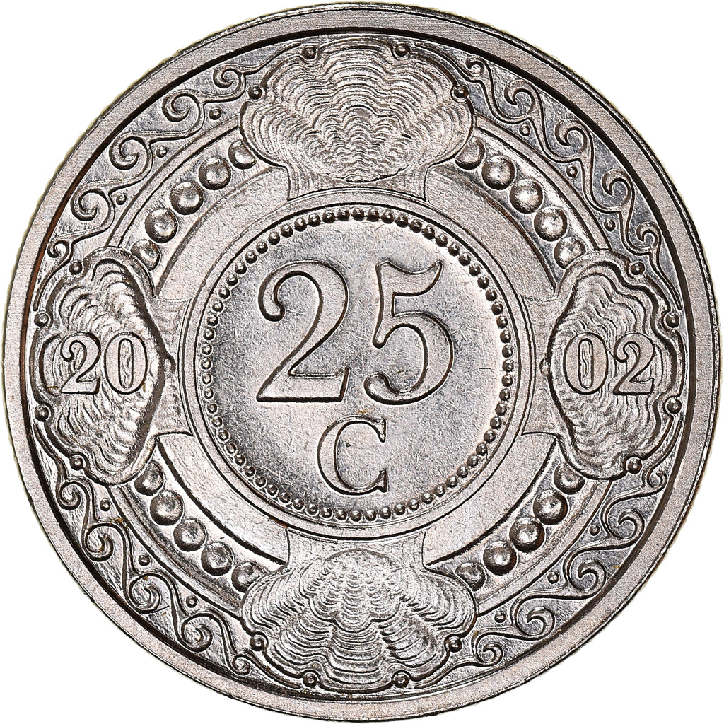 Coin, Netherlands Antilles, Beatrix, 25 Cents, 2002, MS(64), Nickel Bonded