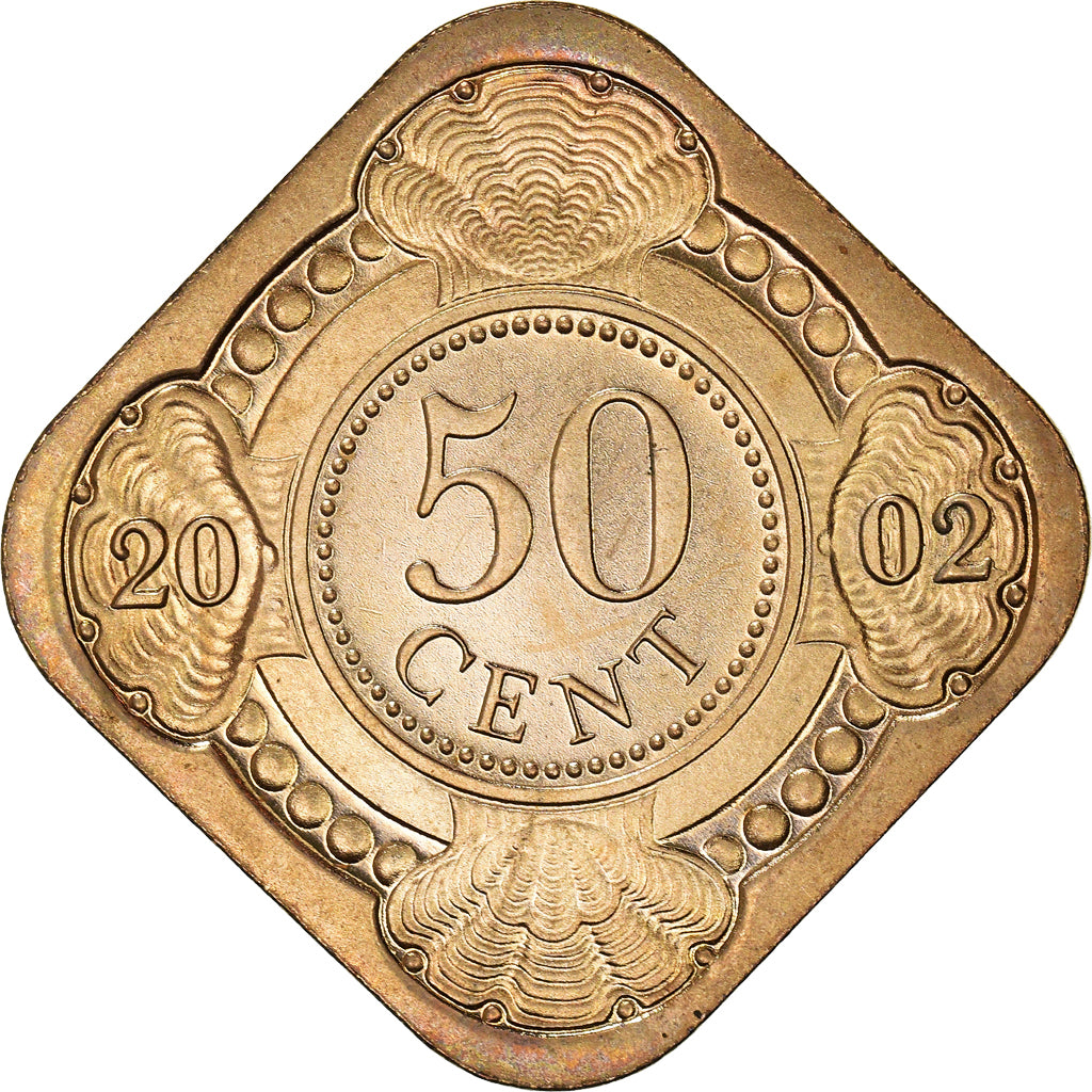 Moneta, Antille olandesi, Beatrix, 50 Cents, 2002, SPL+, Acciaio dorato, KM:36