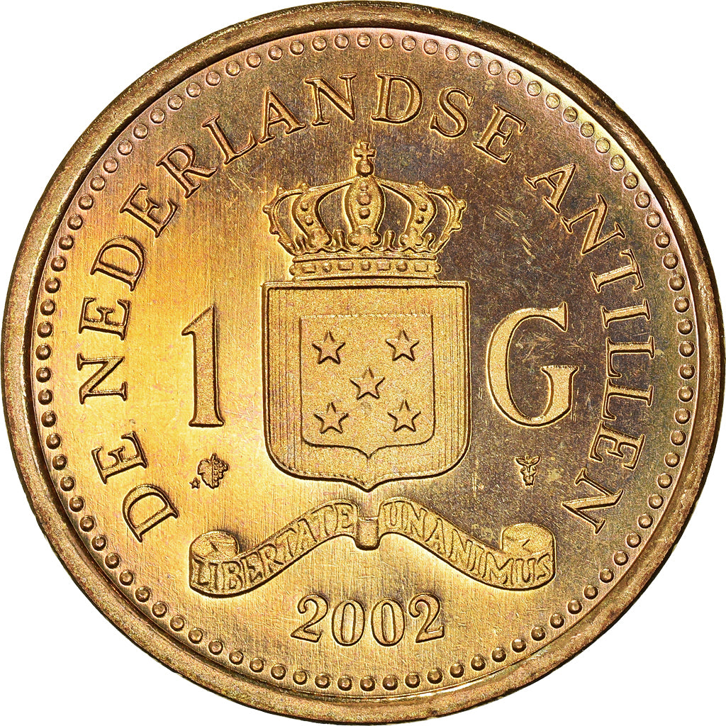 Coin, Netherlands Antilles, Beatrix, Gulden, 2002, MS(63), Aureate Steel, KM:37