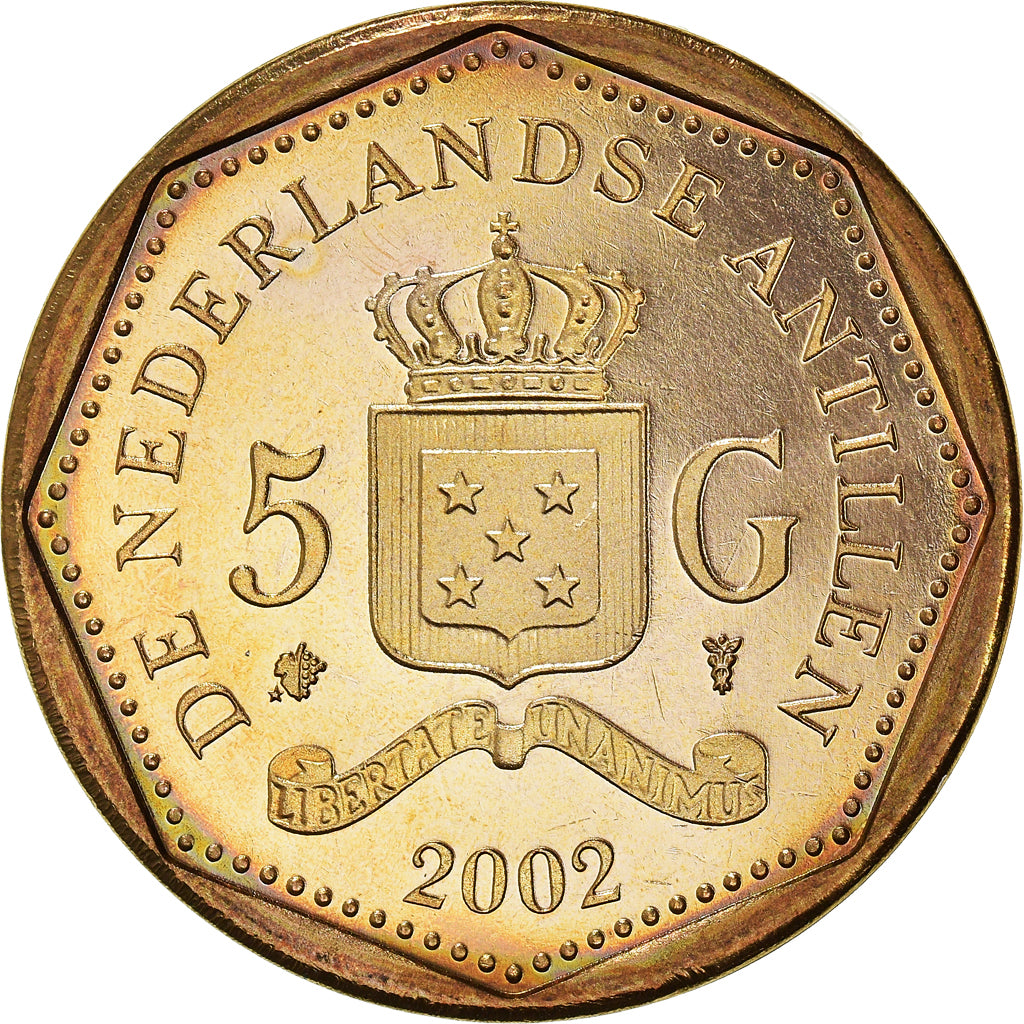 Coin, Netherlands Antilles, Beatrix, 5 Gulden, 2002, MS(64), Aureate Bonded