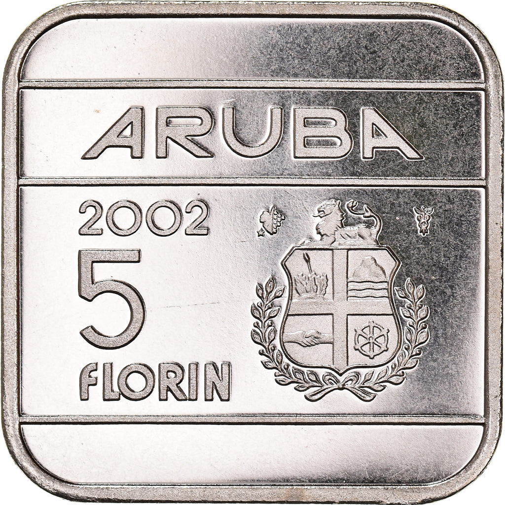Coin, Aruba, Beatrix, 5 Florin, 2002, Utrecht, MS(63), Nickel Bonded Steel
