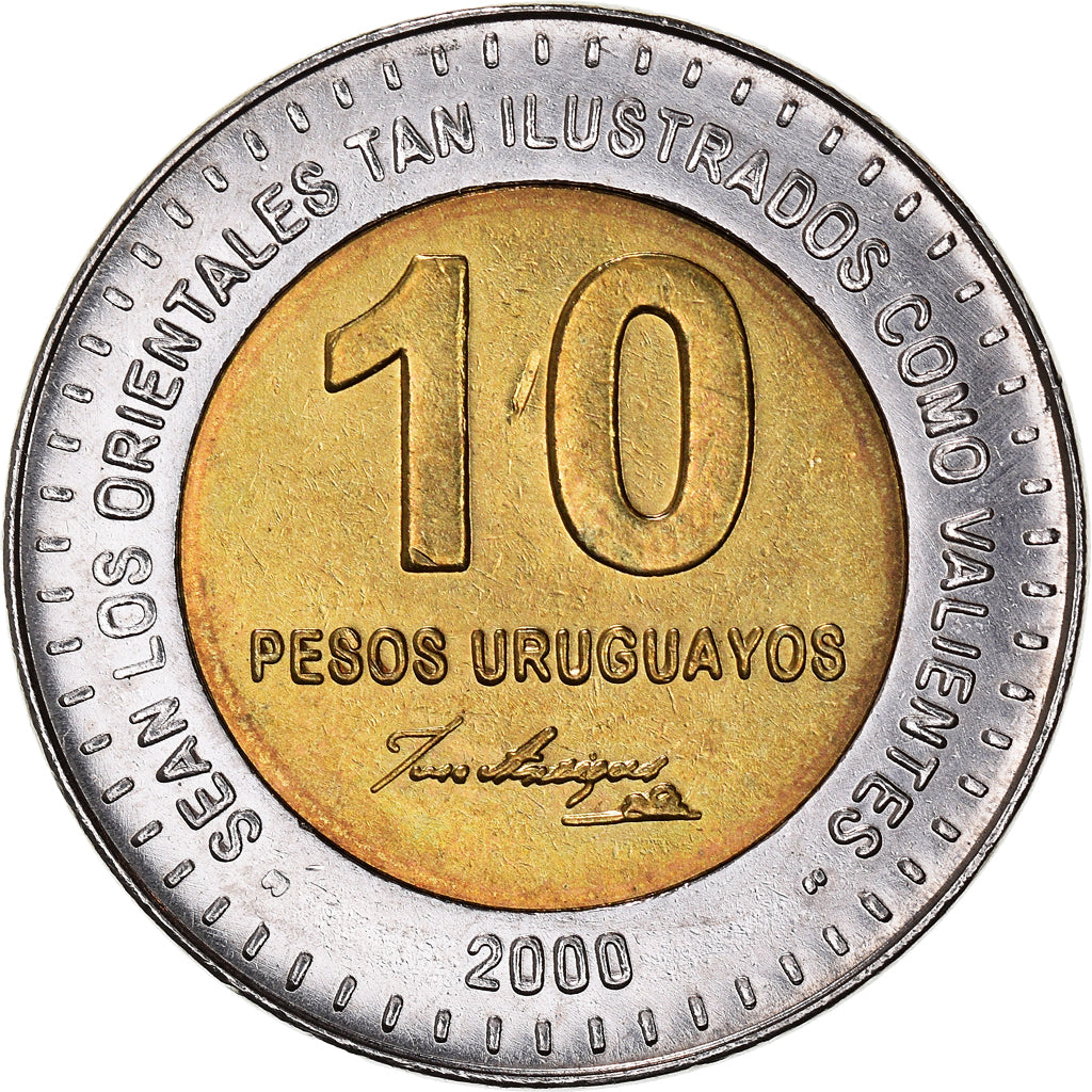 Moneda, Uruguay, 10 Pesos Uruguayos, 2000, MBC+, Bimetálico, KM:121