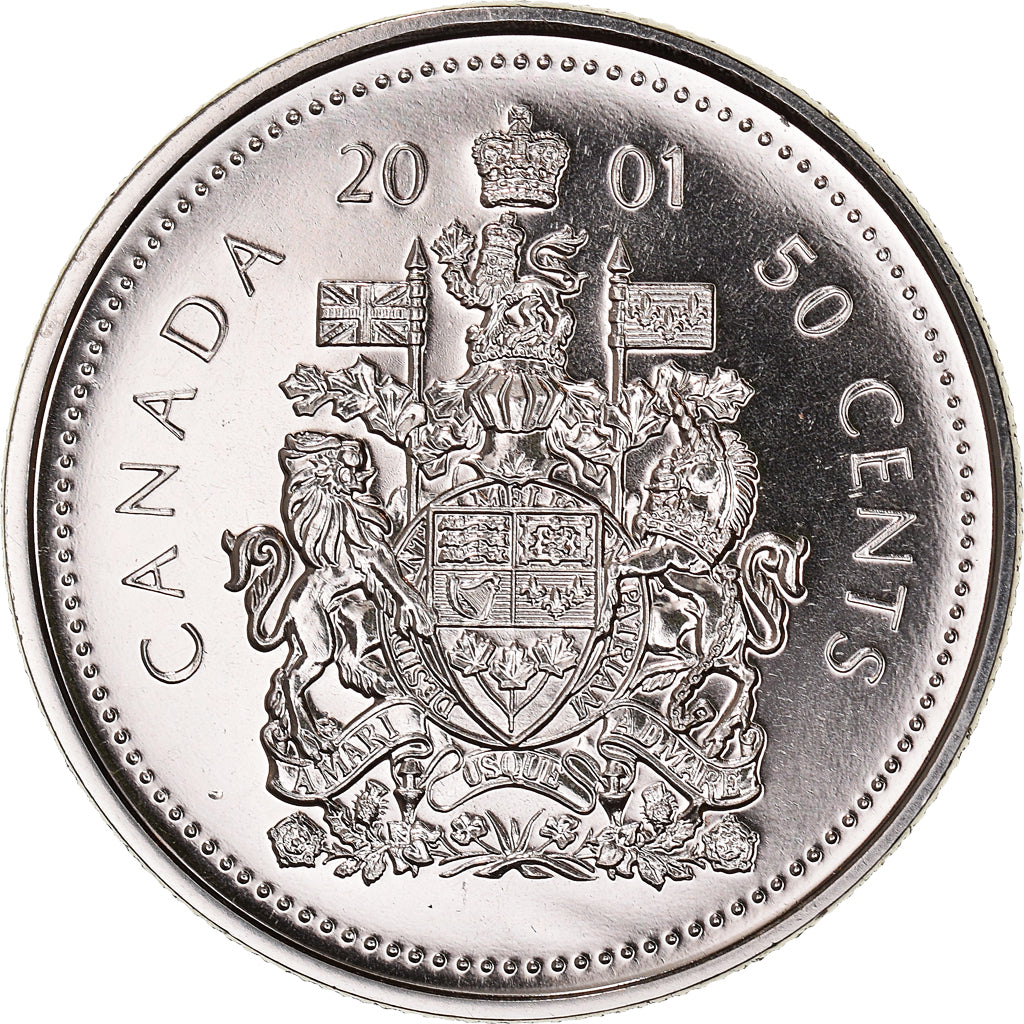 Moeda, Canadá, Elizabeth II, 50 Cents, 2001, MS(60-62), Aço Niquelado, KM:509