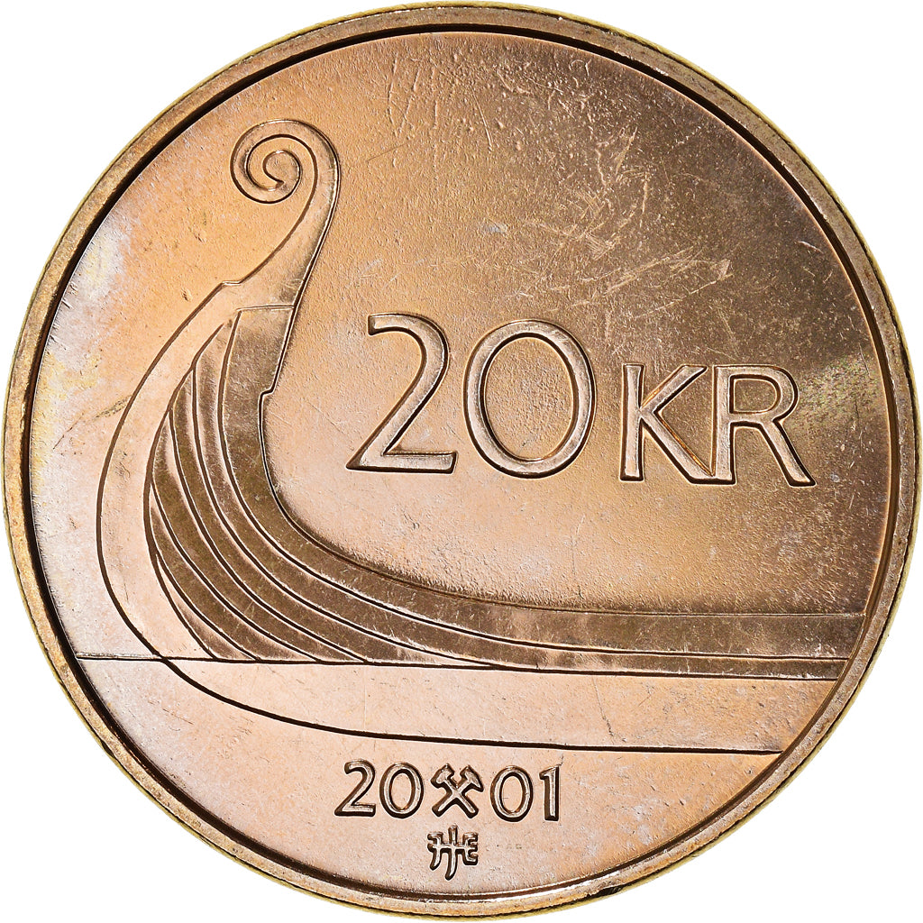 Coin, Norway, Harald V, 20 Kroner, 2001, AU(55-58), Nickel-brass, KM:453