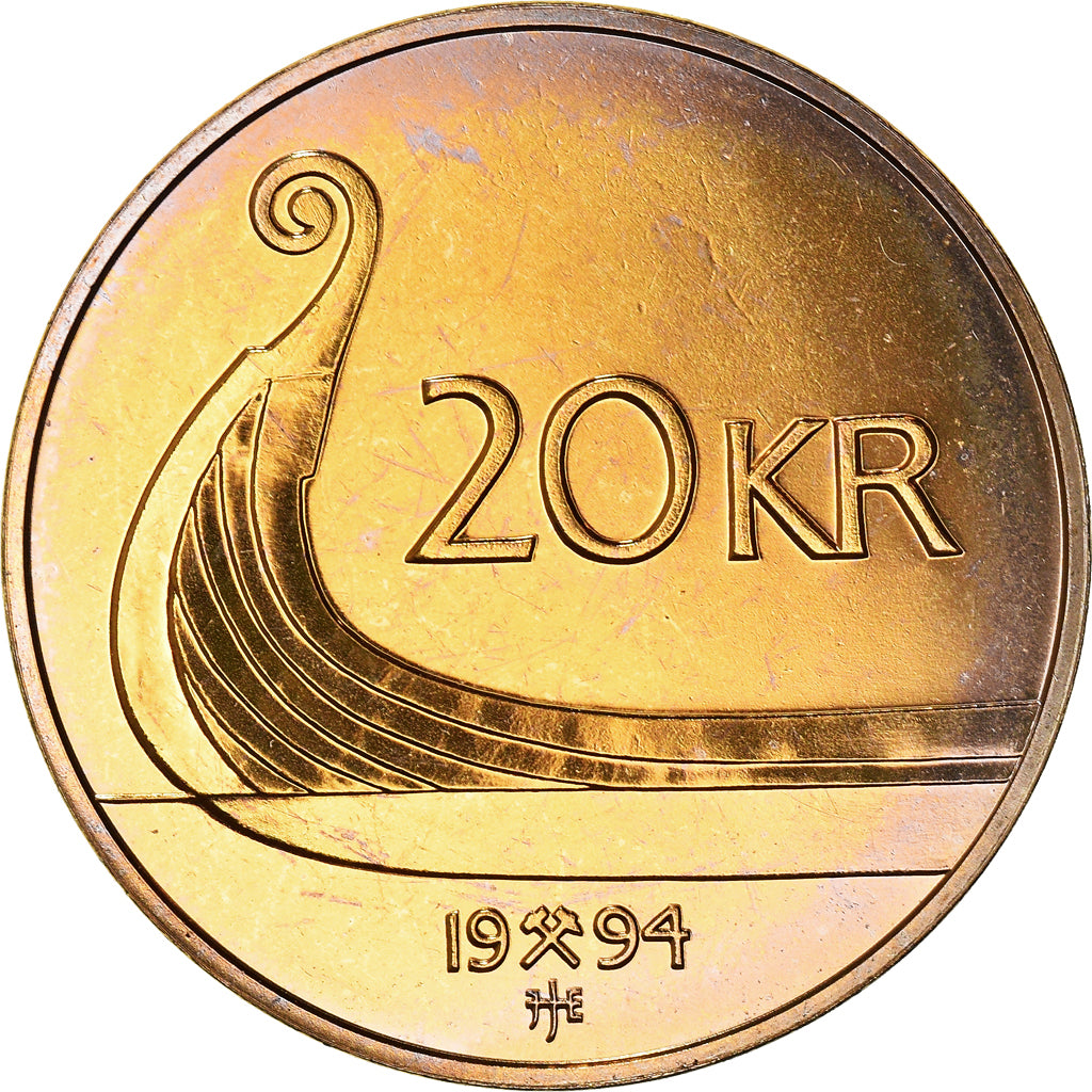 Coin, Norway, Harald V, 20 Kroner, 1994, AU(55-58), Nickel-brass, KM:453