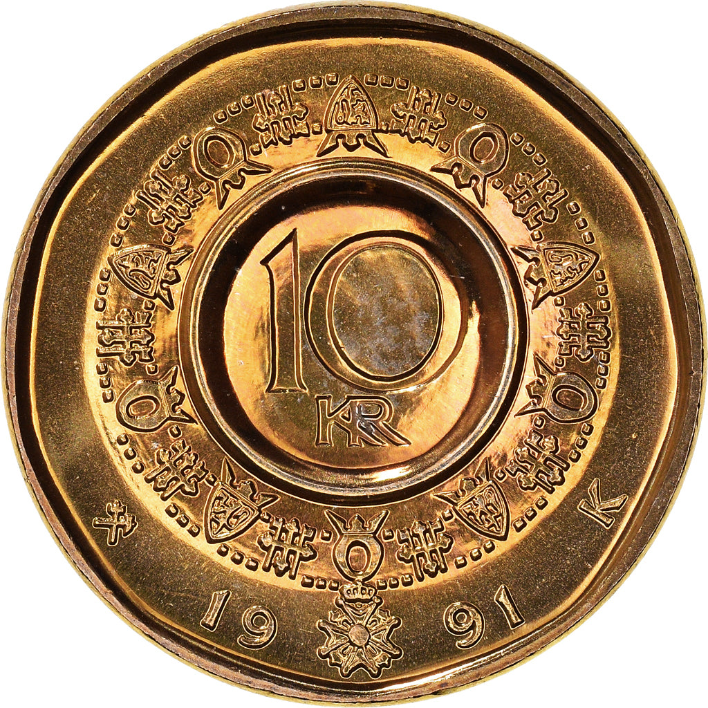 Coin, Norway, Olav V, 10 Kroner, 1991, MS(65-70), Nickel-brass, KM:427