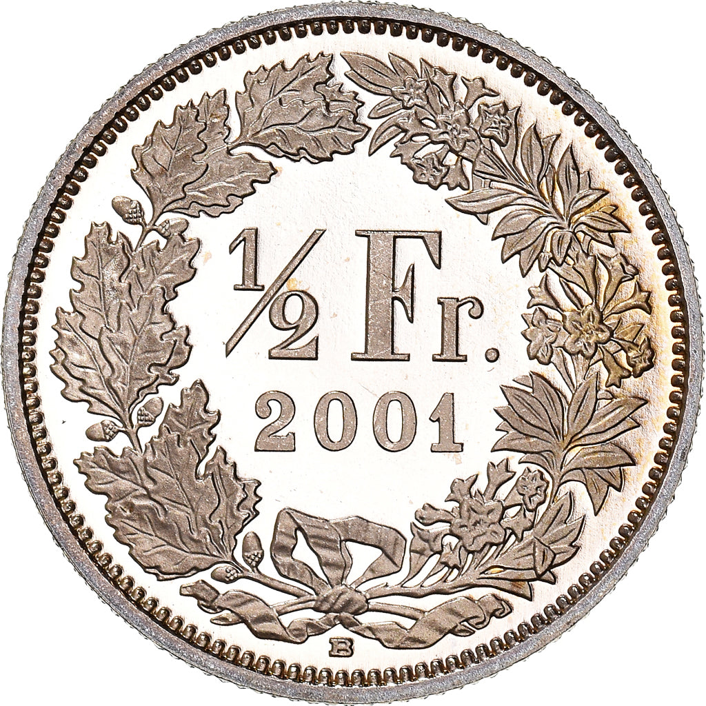 Coin, Switzerland, 1/2 Franc, 2001, Bern, Proof / BE, MS(65-70), Copper-nickel