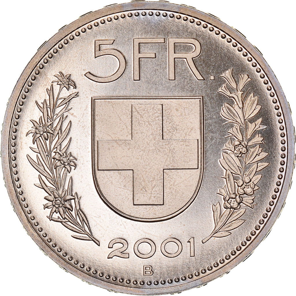 Münze, Schweiz, 5 Francs, 2001, Bern, Proof / BE, STGL, Kupfer-Nickel, KM:40a.4