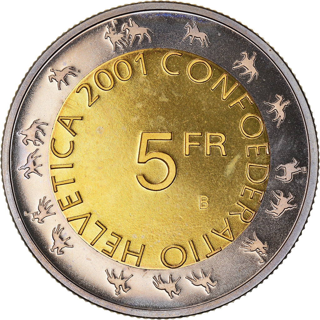 Coin, Switzerland, 5 Francs, 2001, Bern, Proof / BE, MS(60-62), Bi-Metallic