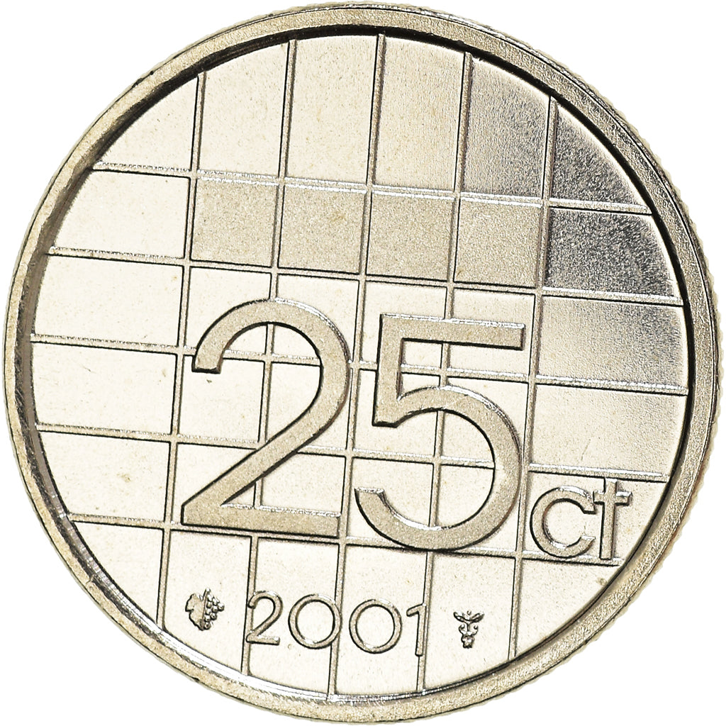 Coin, Netherlands, Beatrix, 25 Cents, 2001, Utrecht, MS(63), Nickel, KM:204