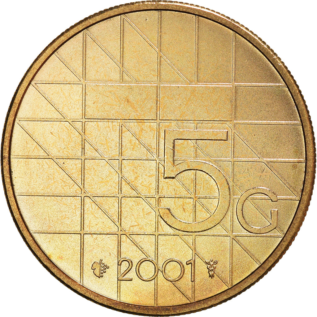 Coin, Netherlands, Beatrix, 5 Gulden, 2001, Utrecht, MS(60-62), Bronze Clad