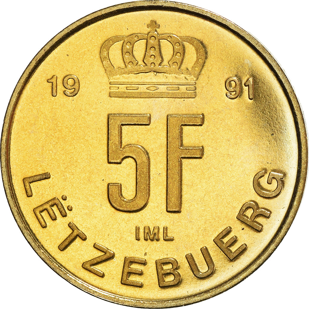 Coin, Luxembourg, Jean, 5 Francs, 1991, MS(63), Aluminum-Bronze, KM:65