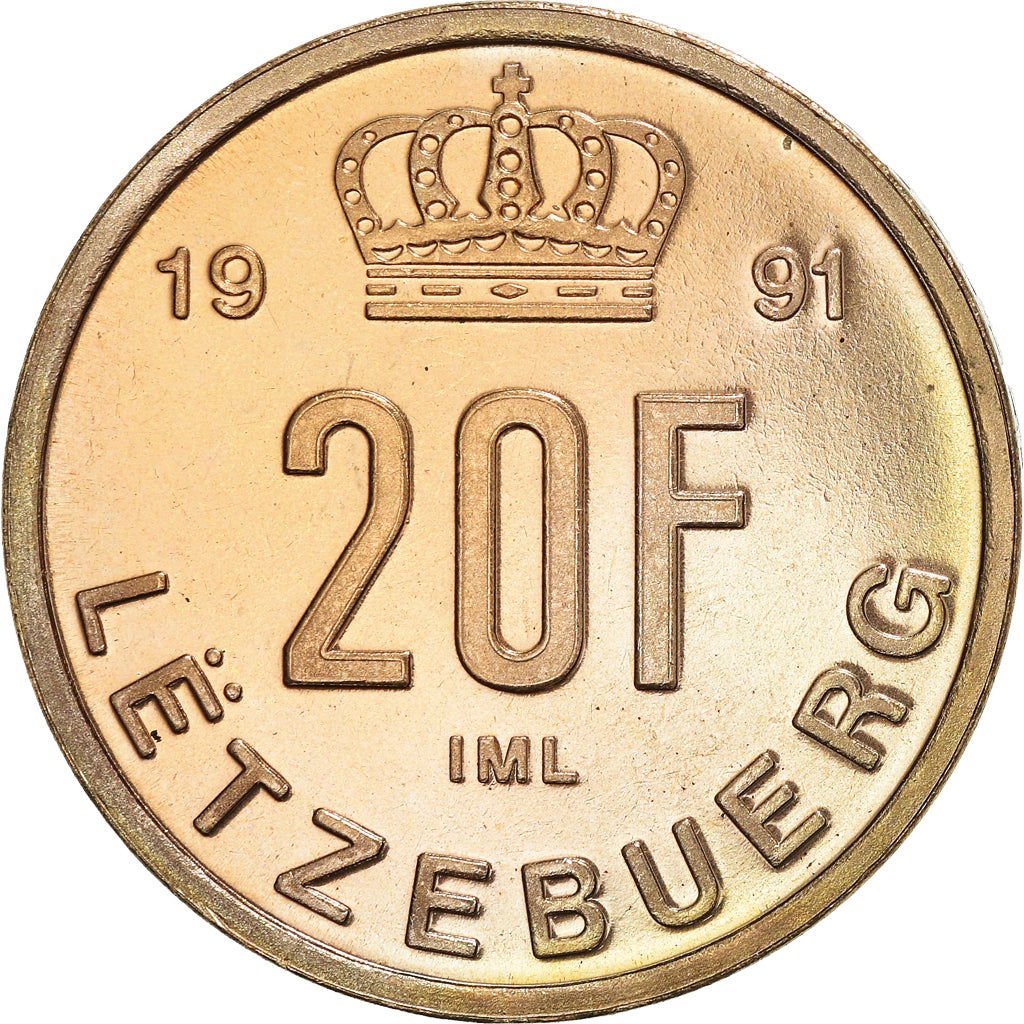 Coin, Luxembourg, Jean, 20 Francs, 1991, AU(55-58), Aluminum-Bronze, KM:67
