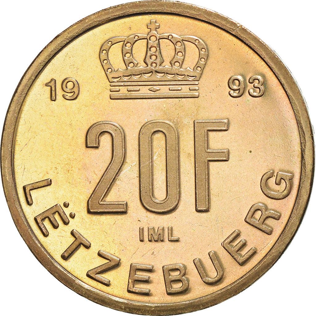 Coin, Luxembourg, Jean, 20 Francs, 1993, MS(63), Aluminum-Bronze, KM:67