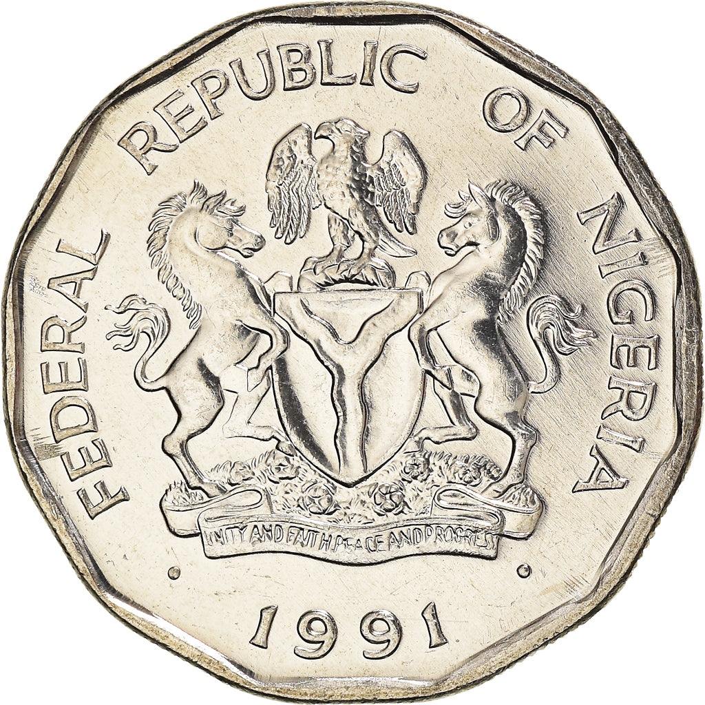 Münze, Nigeria, Elizabeth II, 50 Kobo, 1991, Franklin Mint, VZ+, Nickel plated