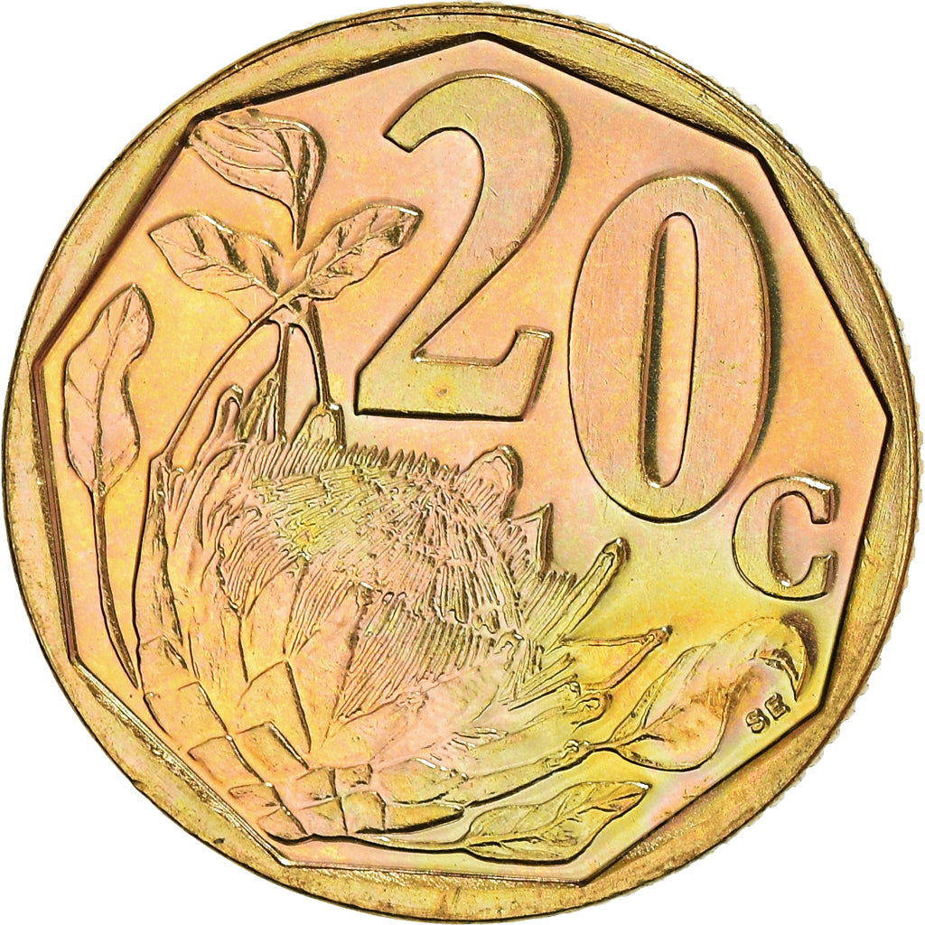 Moeda, África do Sul, 20 Cents, 2002, Pretoria, MS(63), Aço Cromado a Bronze
