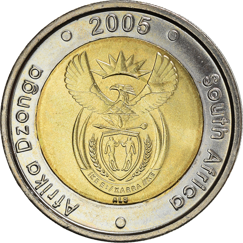 Moneda, Sudáfrica, 5 Rand, 2005, Pretoria, SC, Bimetálico, KM:297