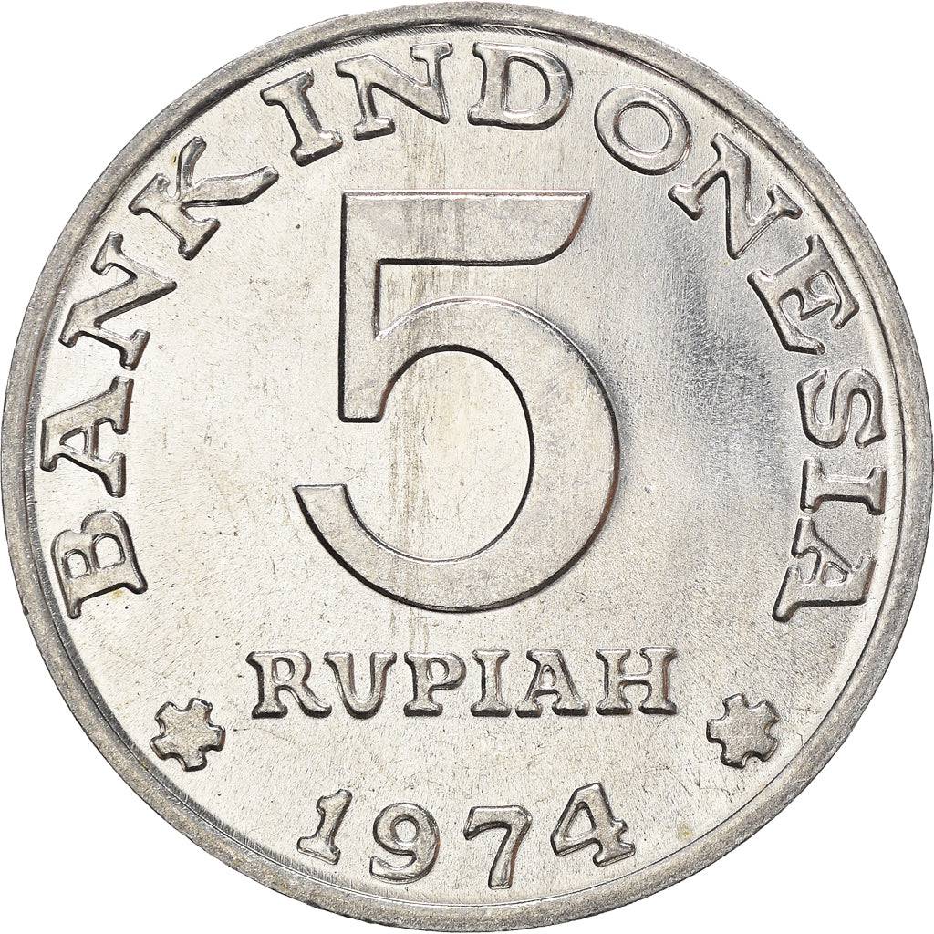 Coin, Indonesia, 5 Rupiah, 1974, MS(64), Aluminum, KM:37