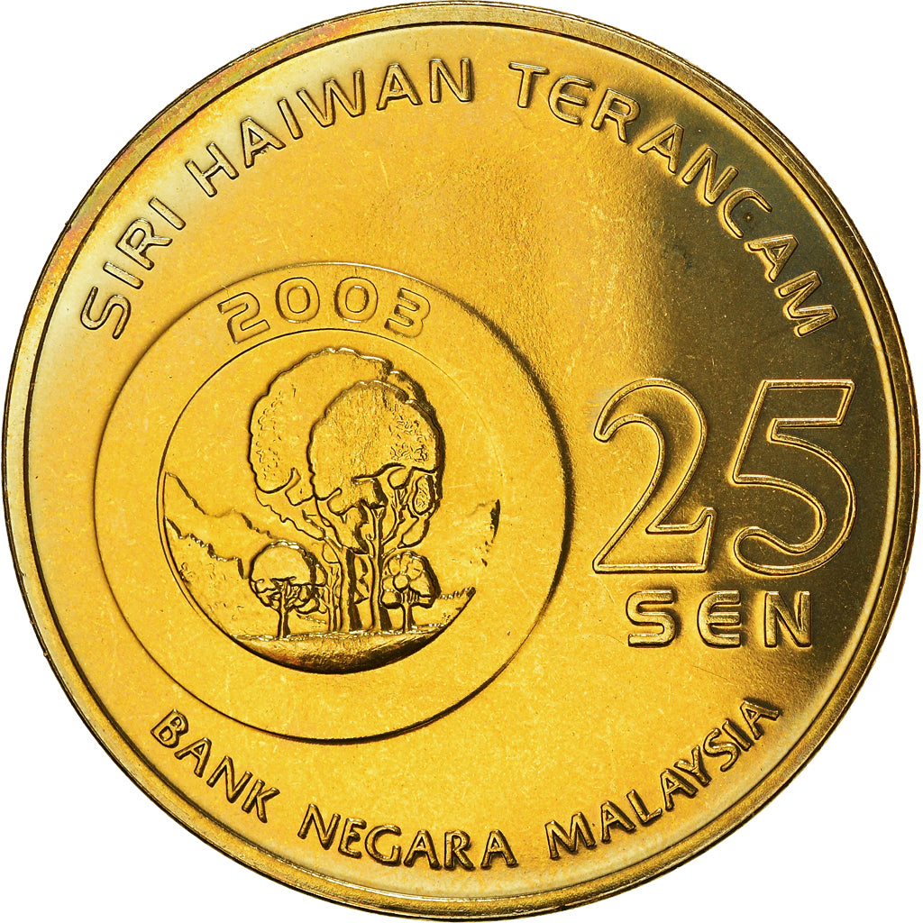 Coin, Malaysia, 25 Sen, 2003, Royal Malaysian, MS(63), Brass, KM:78