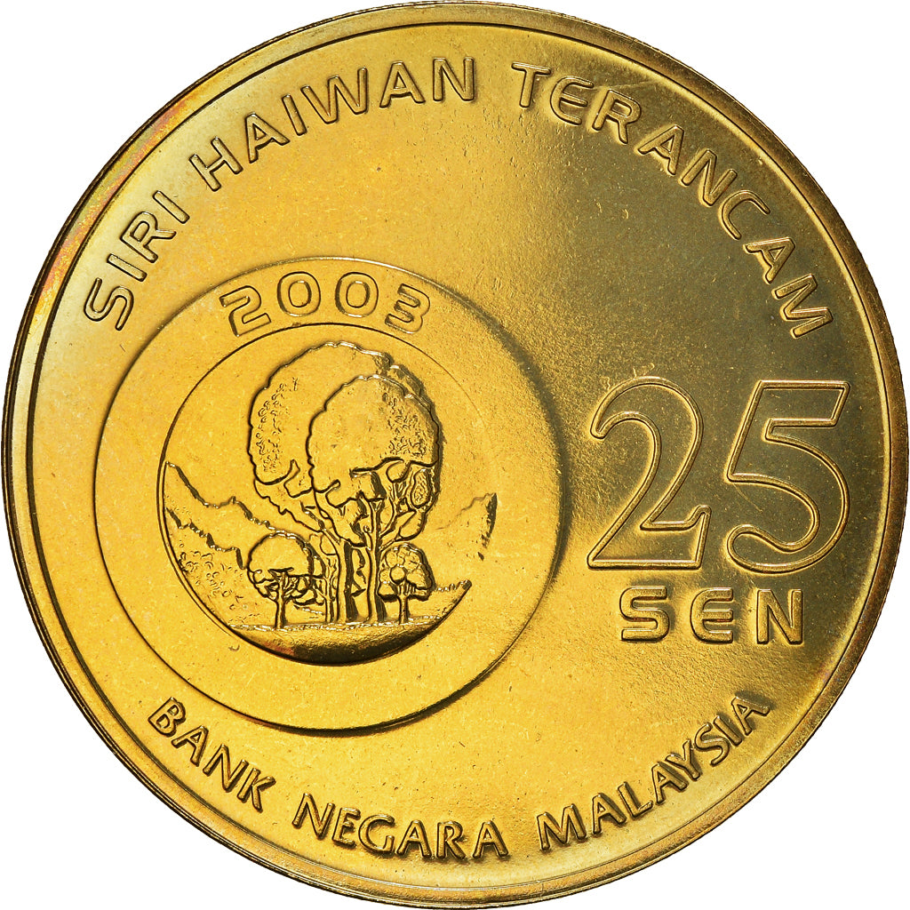 Coin, Malaysia, 25 Sen, 2003, Royal Malaysian, MS(63), Brass, KM:77